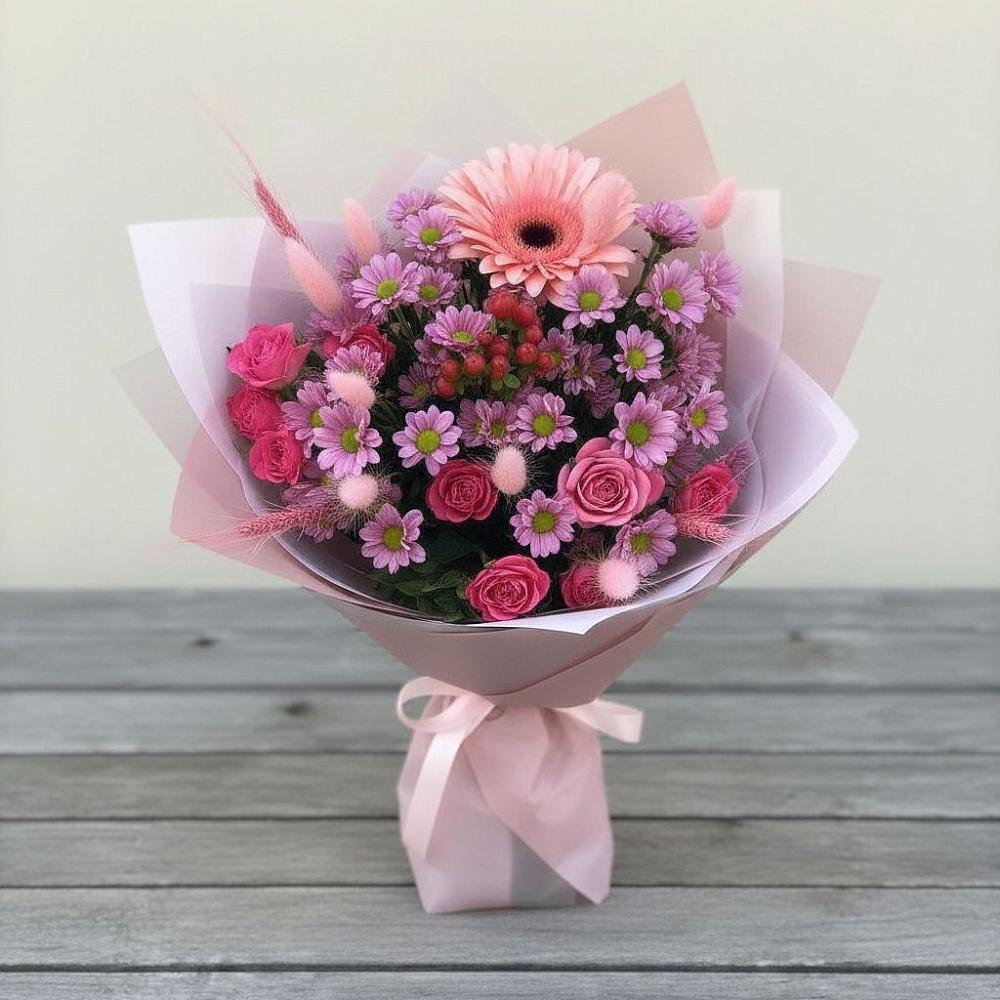 Букет цветов из: Розы, Герберы и Хризантемы в Кяхте