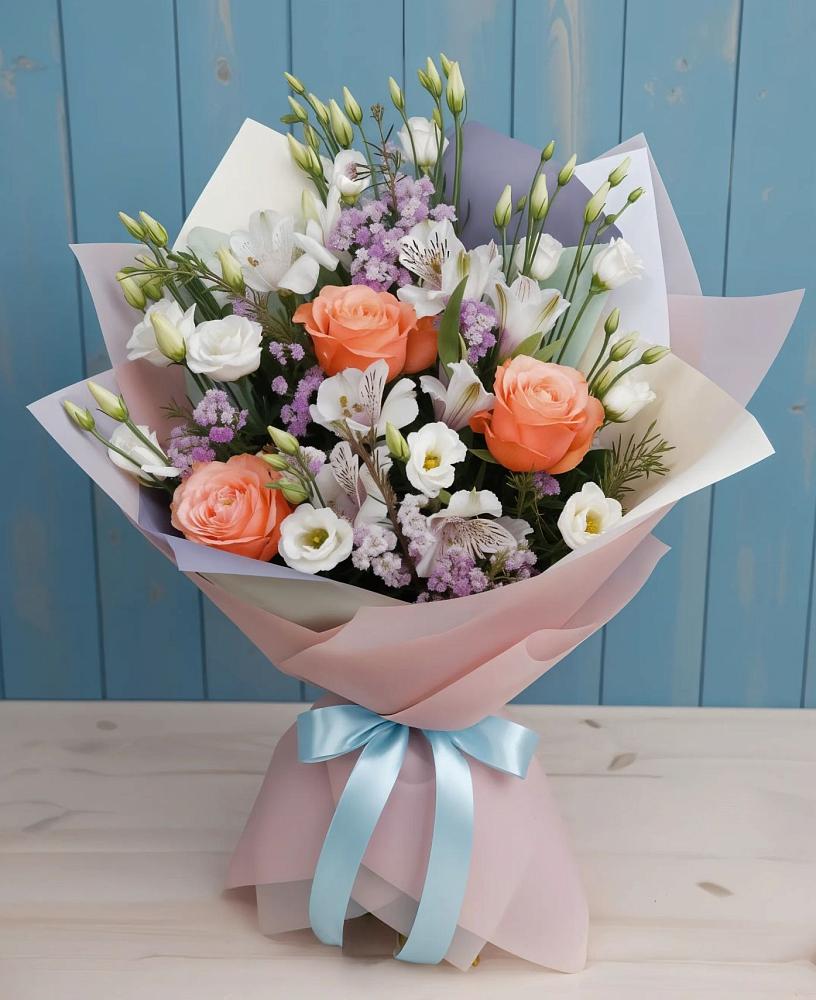 Букет цветов из: Лизиантусы, Розы, Альстромерии и Гипсофила в Кяхте
